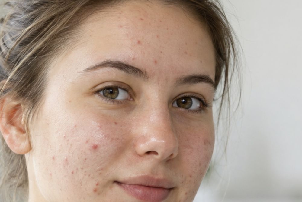 Huid met acne en onzuiverheden op de wang