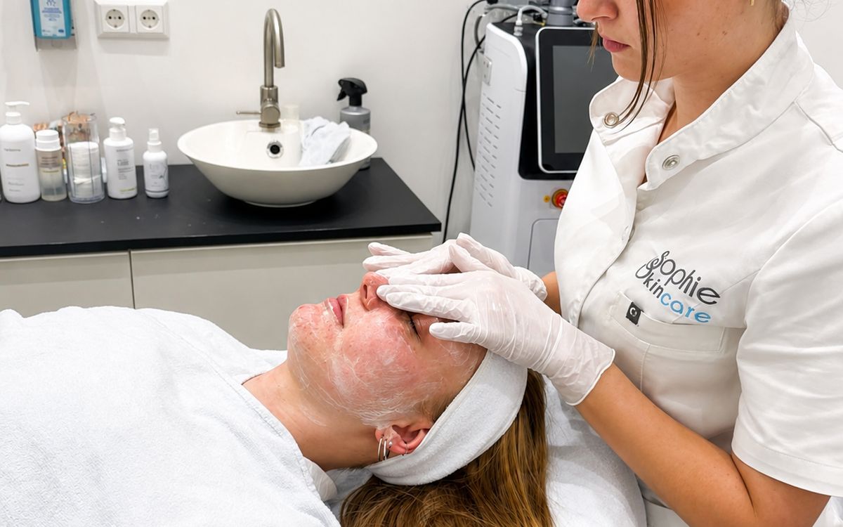 Huidtherapeut voert een acnebehandeling uit in de huidkliniek van Sophie Skincare in Voorburg