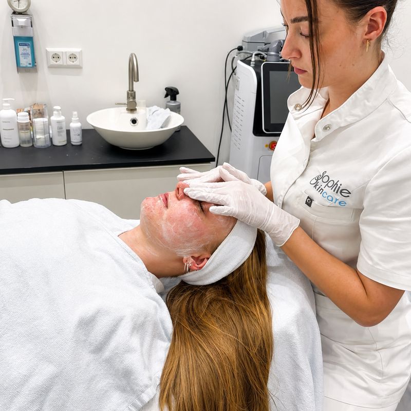 Huidtherapeut voert een acnebehandeling uit bij Sophie Skincare